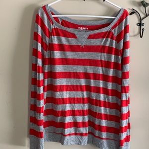 Long sleeved red and grey striped tee